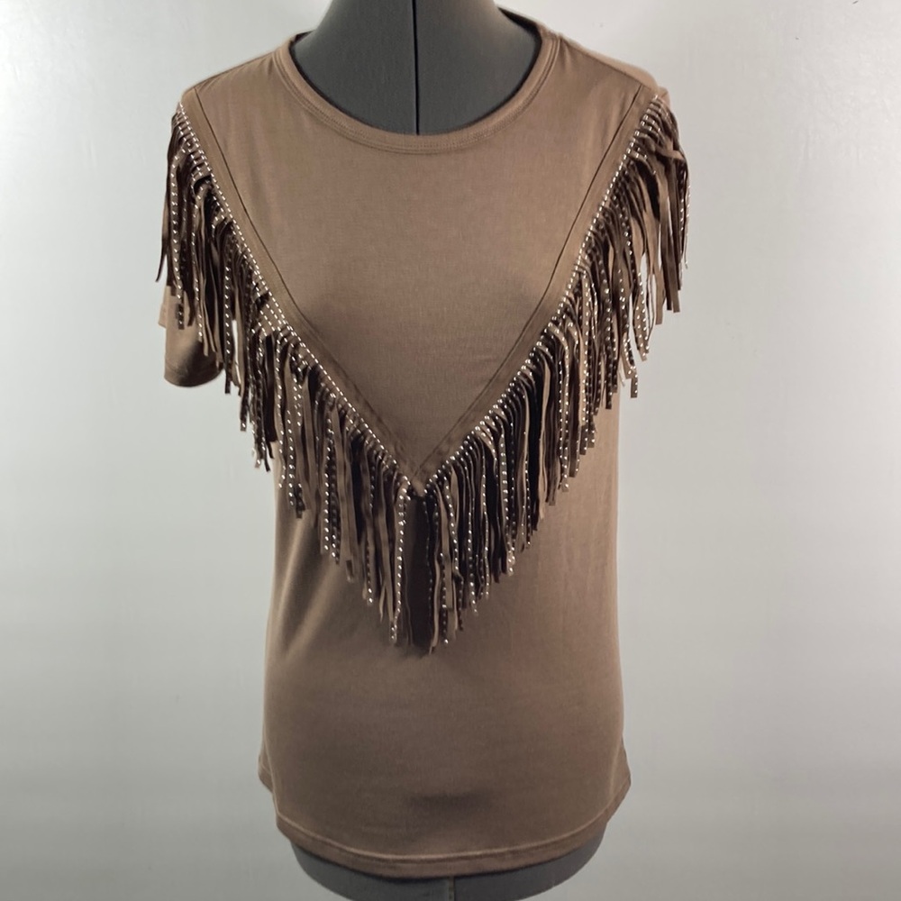 Pesion Top Women Size Small Brown Fringe Trim Tassels Short Sleeves Comfy Fit